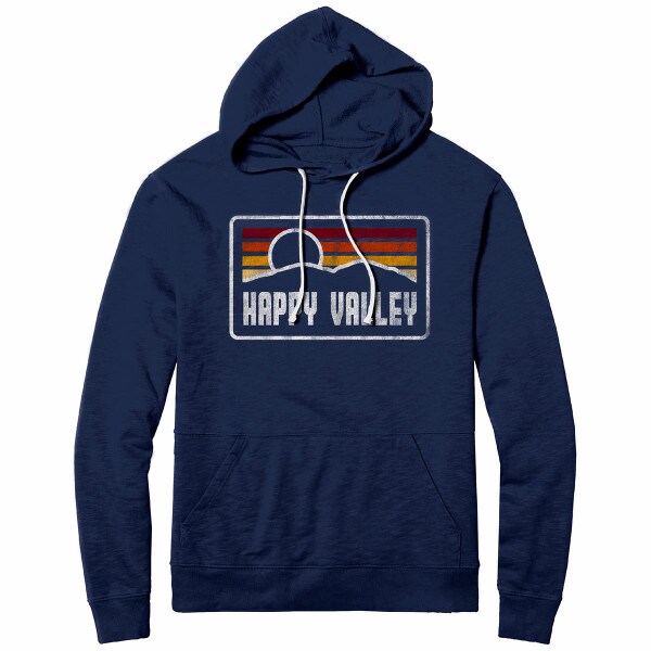 navy long sleeve hooded sweatshirt with distressed Happy Valley sunrise graphic